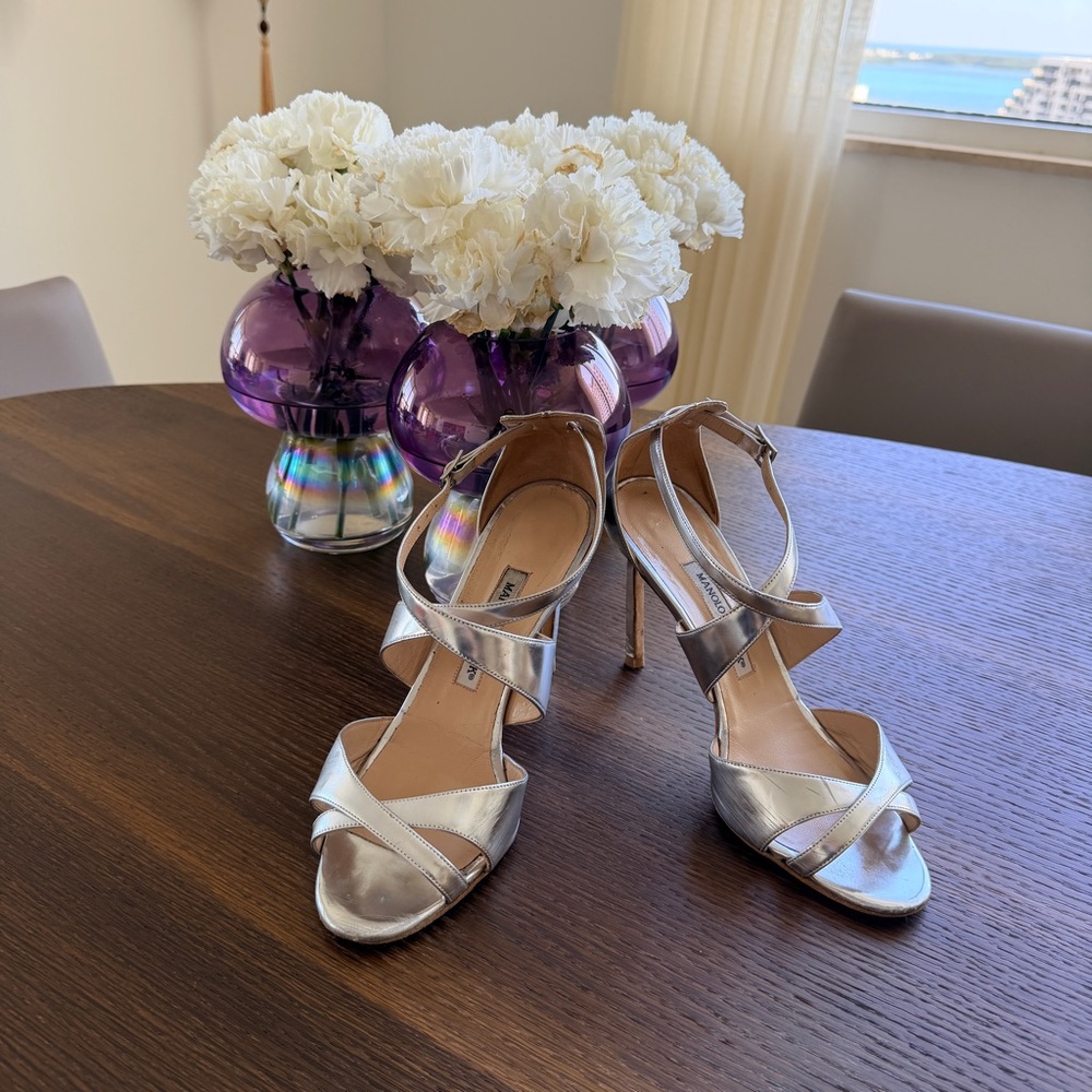 Manolo Blahnik Silver Strappy Heels